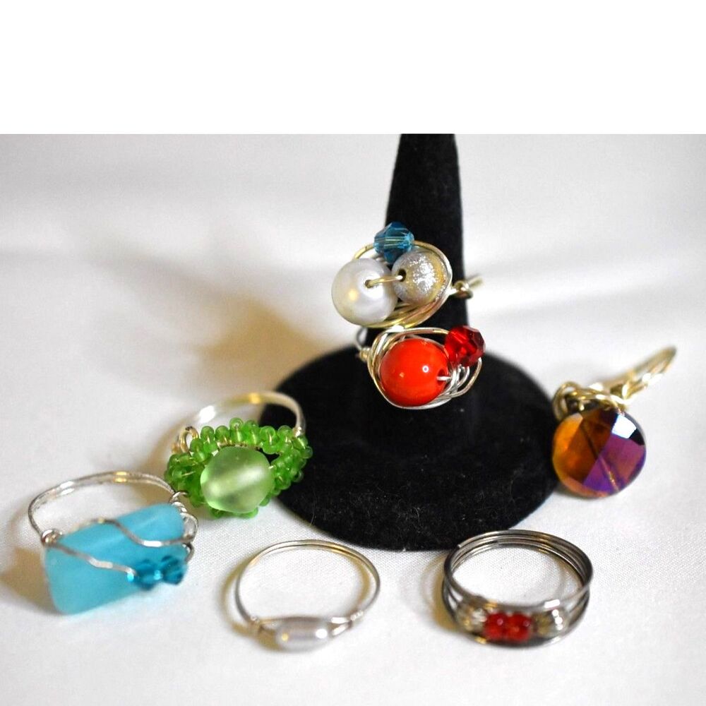 Handcrafted 7 Silver Tone Wire Wrap Multi Color Stones/Crystals Sz 8-11 Rings